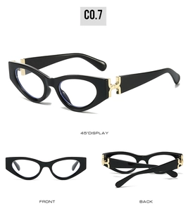 Detail of retro cat-eye glasses frame with gold H-shaped metal hinge accents