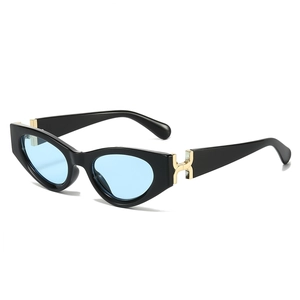 Retro black cat-eye sunglasses with light blue lenses and gold H-shaped hinge detail