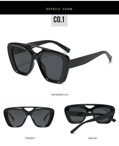 Detailed views of black oversized square sunglasses with a modern double bridge design
