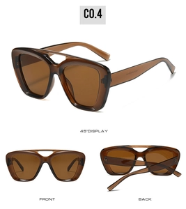 Three-angle view of vintage double-bridge sunglasses with translucent brown frames