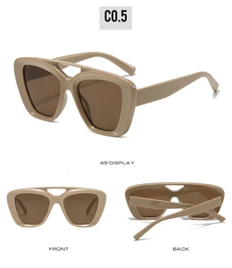 Detailed views of khaki double bridge square sunglasses showing front and back angles
