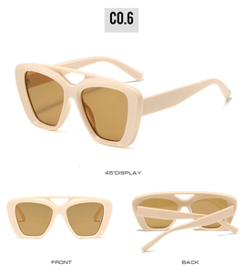 Three-view display of beige oversized square sunglasses with brown UV400 lenses