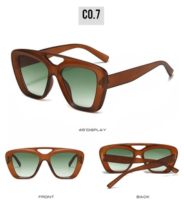 Three views of oversized double-bridge sunglasses with brown frames and gradient lenses