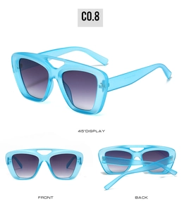 Detailed views of double-bridge oversized sunglasses with light blue frames and grey lenses
