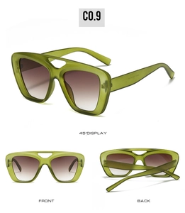 Multi-angle view of olive green oversized sunglasses with unique hollow bridge detail