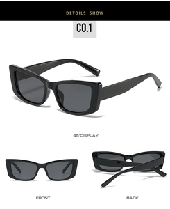 Three-angle view showing front, side and folded black wide-frame rectangle sunglasses