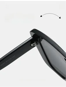 Close-up of durable metal hinges and detailed inner arm specs on black square sunglasses