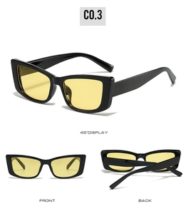 Three-way view of retro rectangular sunglasses with black frames and yellow lenses