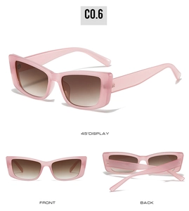 Detailed views of pink Y2K rectangle sunglasses with brown gradient lenses and C0.6 frame