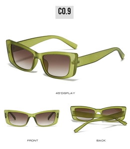 Multi-angle view of emerald green translucent rectangular sunglasses with brown lenses
