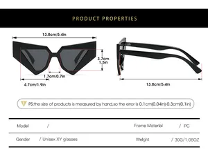 Detailed size chart for unisex PC fashion sunglasses with frame and lens measurements
