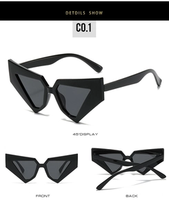 Detailed multi-angle views of geometric black sunglasses with dark lenses and sharp lines