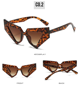 Three perspectives of cat-eye leopard print sunglasses showing front, back, and 45-degree angle