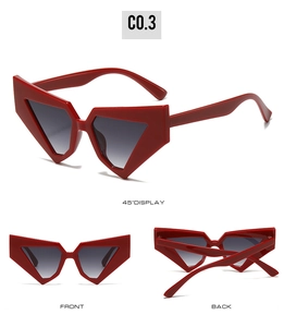 Three-view display of red triangular sunglasses with dark grey gradient lenses