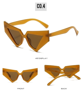 Three-way view of amber geometric triangle sunglasses with side, front and back perspectives