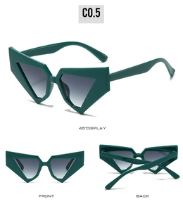 Three-angle display of dark green geometric triangle sunglasses with grey gradient lenses