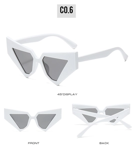 Three-way view of white geometric sunglasses showing front, back, and side angles