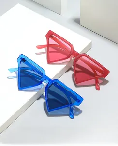 Close-up of geometric triangle sunglasses with red and blue transparent resin frames
