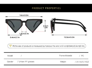 Size guide for geometric triangle sunglasses with detailed frame measurements in cm and inch