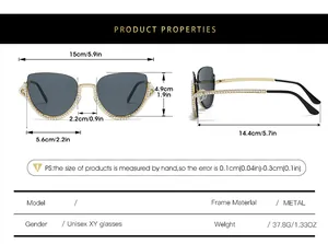 Detailed size guide for half-frame rhinestone sunglasses with dimensions and metal material
