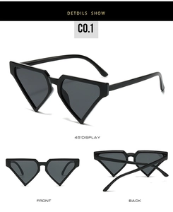 Detailed multi-angle view of black geometric triangle sunglasses with dark grey lenses