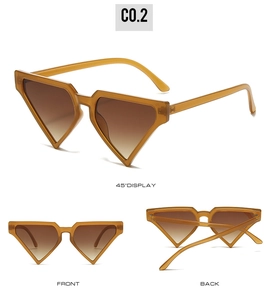 Three-angle display of geometric triangle sunglasses in amber brown with gradient lenses
