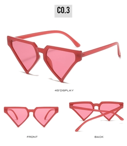 Three-way view of pink geometric sunglasses showing front, back, and 45-degree angle