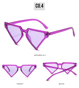 Three views of purple triangle geometric sunglasses with clear jelly frames and tinted lenses