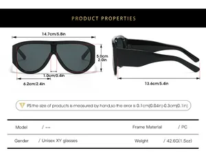 Detailed size chart for oversized unisex sunglasses showing frame width and lens dimensions