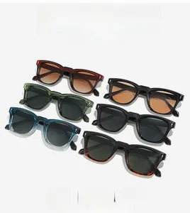 Detailed view of square sunglasses collection in various colors with metallic accents