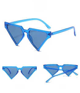 Three-view display of futuristic blue triangle sunglasses with clear jelly frames