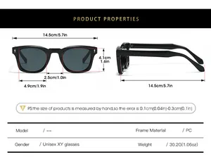 Detailed size guide and technical specifications for square PC frame sunglasses