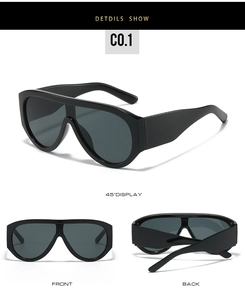 Detailed views of black oversized shield sunglasses showing front, back and 45-degree angles