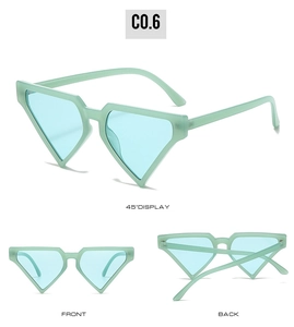 Three-way view of mint green triangle sunglasses with light blue lenses and matte finish
