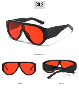 Multi-angle view of oversized shield sunglasses with black frames and red lenses