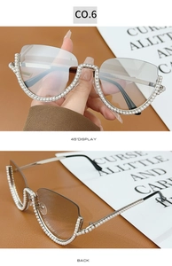 Detail view of half-frame sunglasses with elegant pearl trim on lenses, color code CO.6