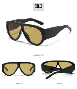 Three-way view of oversized fashion sunglasses with black frame and yellow lenses