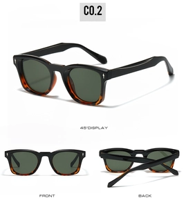 Detail view of square sunglasses with bullet studs and tortoise shell frame accents