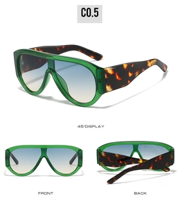 Detailed multi-angle view of oversized green frame sunglasses with tortoiseshell temples