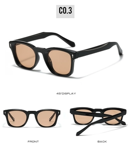 Detailed views of square sunglasses with silver rivet accents and tinted lenses