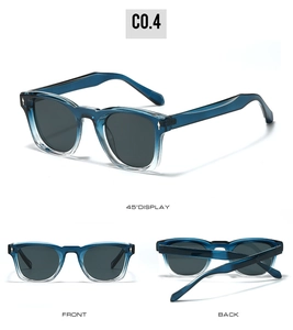 Detailed front and back views of square sunglasses with blue gradient frames and gray lenses