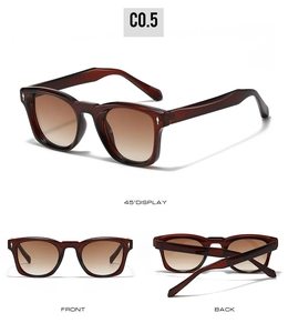 Detailed views of square tortoiseshell sunglasses with arrow rivets and brown lenses