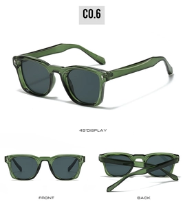 Three-angle view of square dark green transparent sunglasses with dark gray lenses
