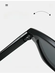 Macro detail of the durable metal hinge on these square black polished sunglasses