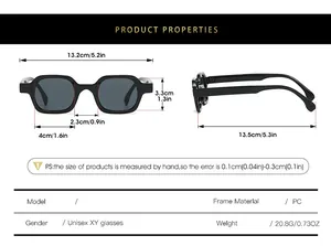 Detailed size chart for PC frame sunglasses showing dimensions and technical specifications
