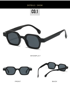 Detailed views of vintage thick frame sunglasses with 45-degree angle and back shots