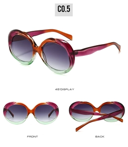 Vue détaillée de lunettes de soleil ovales avec monture dégradée violette orange verte