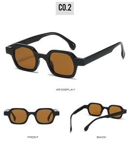 Detailed multi-angle views of retro square sunglasses with black frames and brown lenses