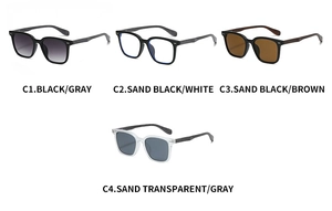 Detailed view of square sunglasses with textured wood-grain temples in multiple colors