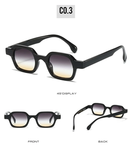 Three-way view of thick square PC sunglasses with purple to orange gradient lenses